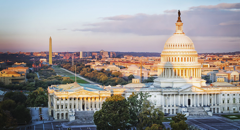 Photo of Washington, D.C. with the Capitol in the foreground and Washington Monument in the background.