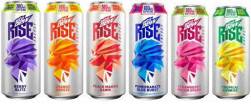 Six cans of Mtn Dew Rise beverage in different colors/flavors.